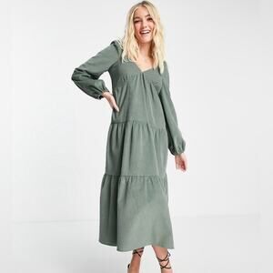 ASOS DESIGN tiered cord babydoll midi smock dress in green khaki SIZE 14